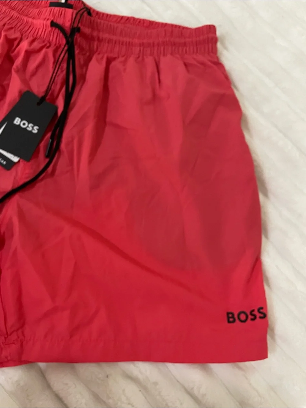 BOSS Men's Coral-Red Swim Trunks with Drawstring